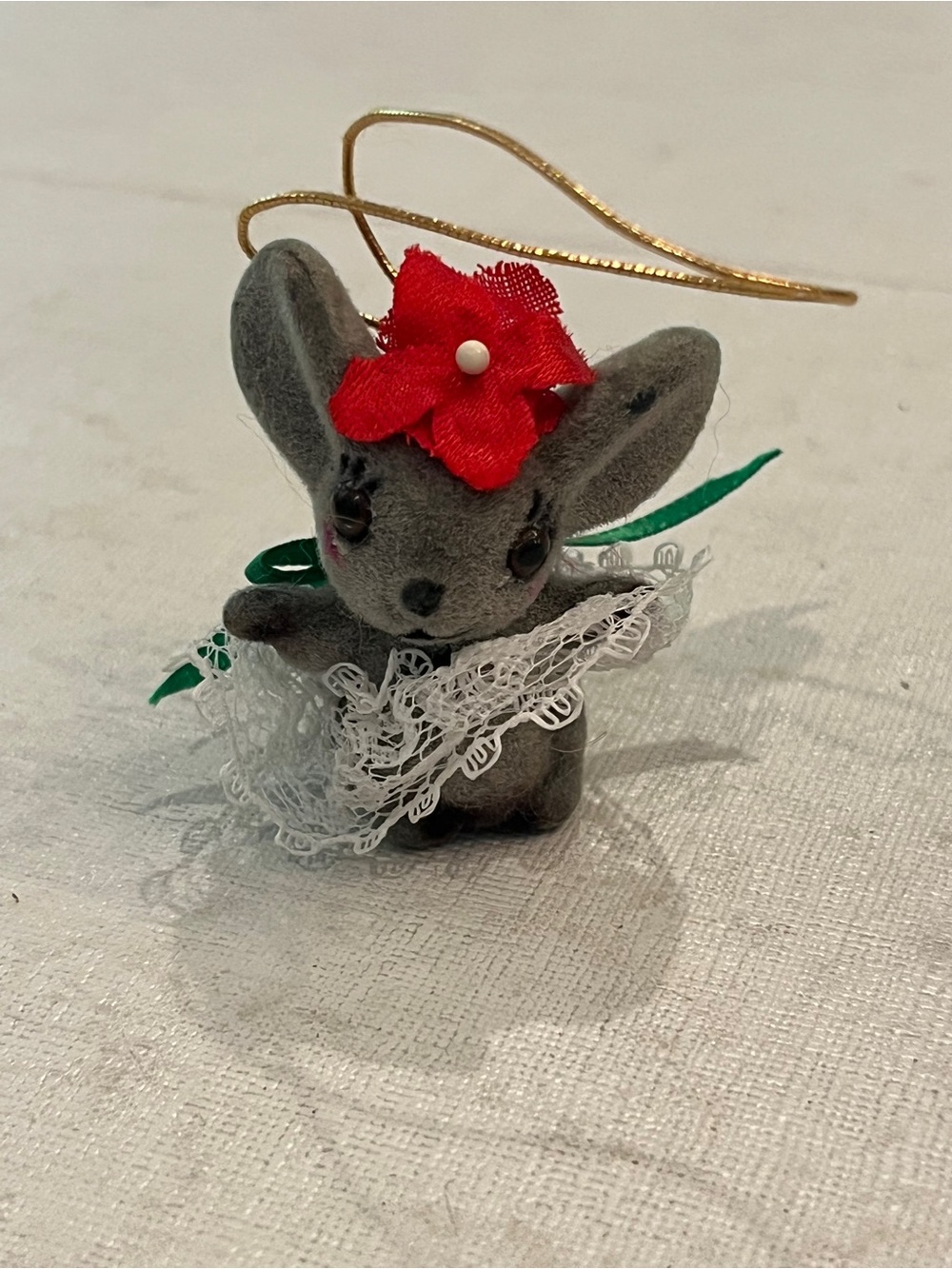 Vintage Gray Flocked Christmas Mouse Ornament. Adorable!